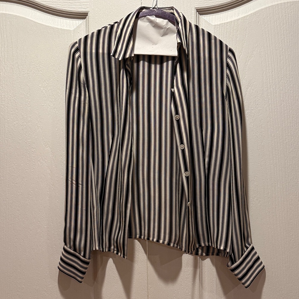 100% silk. Vertical Stripe Button-Up Shirt in Black, White & Beige